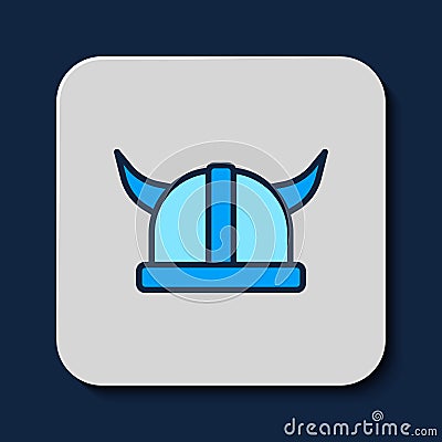 Filled outline Viking in horned helmet icon isolated on blue background. Vector Stock Photo