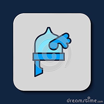 Filled outline Viking in horned helmet icon isolated on blue background. Vector Stock Photo