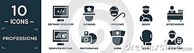 filled professions icon set. contain flat software developer, showman, pensioner, driver, office worker, computer systems analyst Vector Illustration