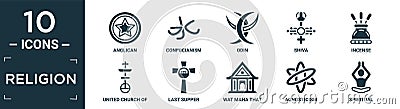 filled religion icon set. contain flat anglican, confucianism, odin, shiva, incense, united church of christ, last supper, wat Vector Illustration