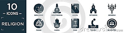 filled religion icon set. contain flat indulgence, great buddha, gospel, orthodox, menorah, pagan, hamsa, bible, prayer, blasphemy Vector Illustration