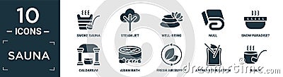 filled sauna icon set. contain flat smoke sauna, steam jet, well-being, null, snow paradise?, caldarium, asian bath, fresh air Vector Illustration