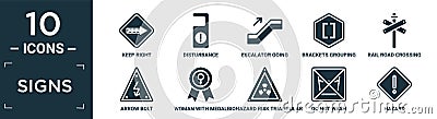 filled signs icon set. contain flat keep right, disturbance, escalator going down, brackets grouping, rail road crossing cross, Vector Illustration