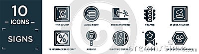 filled signs icon set. contain flat the sum of, align right, emergency exit, traffic, is less than or equal to, percentage Vector Illustration