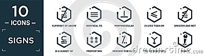 filled signs icon set. contain flat superset of above not equal to, identical to, perpendicular, is less than or equal to, greater Vector Illustration