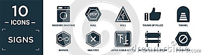 filled signs icon set. contain flat washing machine, null, null, thumb up filled gesture, tunnel, infinite, multiply, japan kanji Vector Illustration