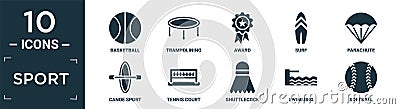 filled sport icon set. contain flat basketball, trampolining, award, surf, parachute, canoe sport, tennis court, shuttlecock, Vector Illustration