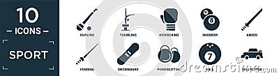 filled sport icon set. contain flat hurling, tumbling, kickboxing, snooker, aikido, fencing, snowboard, powerlifting, ball, Vector Illustration
