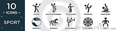 filled sport icon set. contain flat hurling, unicycling handball, racewalking, kickboxing, diving sport, tennis ball, horseball, Vector Illustration