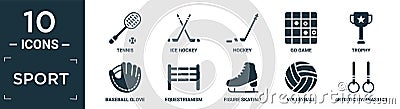 filled sport icon set. contain flat tennis, ice hockey, hockey, go game, trophy, baseball glove, equestrianism, figure skating, Vector Illustration