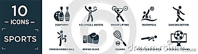 filled sports icon set. contain flat equipment, volleyball motion, weight lifting, waterpolo, dancing motion, person kicking ball Vector Illustration