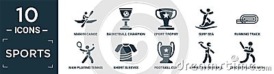 filled sports icon set. contain flat man in canoe, basketball champion, sport trophy, surf sea, running track, man playing tennis Vector Illustration