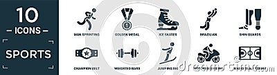 filled sports icon set. contain flat man sprinting, golden medal, ice skates, brazilian, shin guards, champion belt, weighted bars Vector Illustration