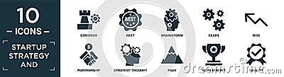 filled startup strategy and icon set. contain flat strategy, best, brainstorm, gears, rise, partnership, strategy thought, peak, Vector Illustration
