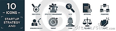 filled startup strategy and icon set. contain flat gold medal, strategy management, rate, approval, franchise, strategy choice, Vector Illustration