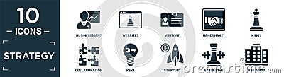 filled strategy icon set. contain flat businessman?, website?, visitor?, handshake?, king?, collaboration, key?, startup?, Vector Illustration