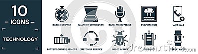 filled technology icon set. contain flat basic compass, scanner with cover, basic microphone, evaporation, add call, battery Vector Illustration