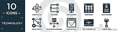 filled technology icon set. contain flat color value, selector, web servers, wireframe, user persona, social graph, relational Vector Illustration