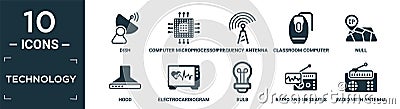 filled technology icon set. contain flat dish, computer microprocessor, frequency antenna, classroom computer mouse, null, hood, Vector Illustration