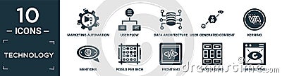 filled technology icon set. contain flat marketing automation, user flow, data architecture, user-generated content, kerning, Vector Illustration