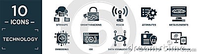 filled technology icon set. contain flat sitemaps, growth hacking, reach, attributes, meta elements, embedding, ide, data Vector Illustration