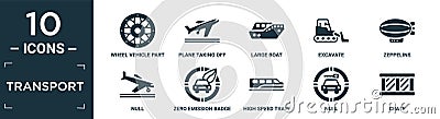 filled transport icon set. contain flat wheel vehicle part, plane taking off, large boat, excavate, zeppelins, null, zero emission Vector Illustration