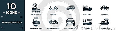 filled transportation icon set. contain flat inline skates, minibus, suv, ferry boat, off road, boat front view, airport shuttle, Vector Illustration
