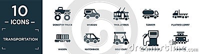 filled transportation icon set. contain flat monster truck, minivan, trolleybus, tanker, flatbed lorry, wagon, hatchback, golf Vector Illustration