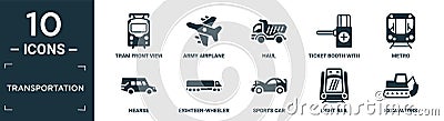 filled transportation icon set. contain flat tram front view, army airplane, haul, ticket booth with cross, metro, hearse, Vector Illustration