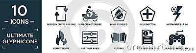 filled ultimate glyphicons icon set. contain flat refresh curve arrows, man on motorbike, drop crossed, plus button, automatic Vector Illustration