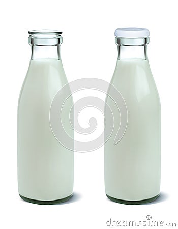 Filled unopened and opened milk bottle Cartoon Illustration