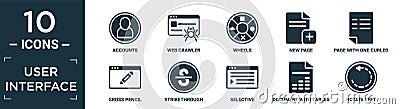 filled user interface icon set. contain flat accounts, web crawler, wheels, new page, page with one curled corner, gross pencil, Vector Illustration