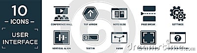 filled user interface icon set. contain flat conference hall, top arrow, note blog, page break, settings, vertical align, text in Vector Illustration