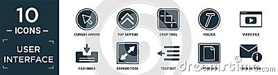 filled user interface icon set. contain flat cursor arrow, top button, crop tool, italics, video file, file inbox, expand tool, Vector Illustration