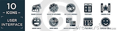 filled user interface icon set. contain flat image variant, image of a flower, cit card crossed, test quiz, cinema star, angry Vector Illustration