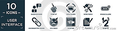 filled user interface icon set. contain flat question mark, point at, data folder, work tools, disable alarm, disconnected chains Vector Illustration