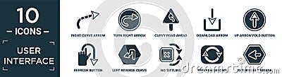 filled user interface icon set. contain flat right curve arrow, turn right arrow, curvy road ahead, download arrow, up fold button Vector Illustration