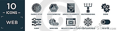 filled web icon set. contain flat favorite setup, downloading file, looking for students, multitasking man, engine, slider, world Vector Illustration