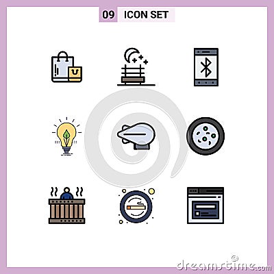 9 Filledline Flat Color concept for Websites Mobile and Apps bacteria, airship, mobile, light, electricity Vector Illustration