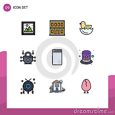 9 Filledline Flat Color concept for Websites Mobile and Apps costume, washing, duck, machine, network Vector Illustration