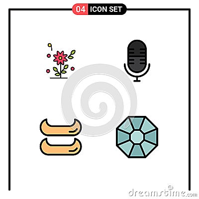 4 Filledline Flat Color concept for Websites Mobile and Apps flower, diamond, wedding, microphone, present Vector Illustration