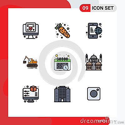 9 Filledline Flat Color concept for Websites Mobile and Apps schedule, truck, business, lift, crane Vector Illustration