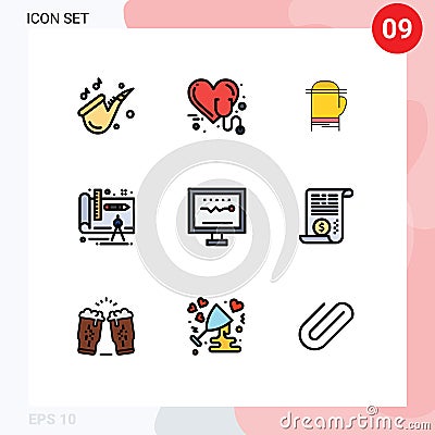 Filledline Flat Color Pack of 9 Universal Symbols of cardiology, plan, heart, design, cold Vector Illustration