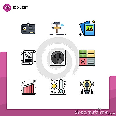 Filledline Flat Color Pack of 9 Universal Symbols of electric, travel, tools, article, blog Stock Photo