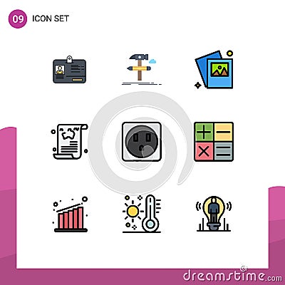 Filledline Flat Color Pack of 9 Universal Symbols of electric, travel, tools, article, blog Vector Illustration