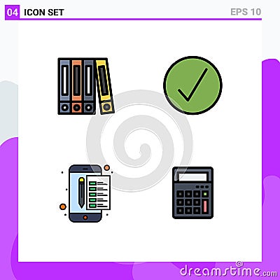 Filledline Flat Color Pack of 4 Universal Symbols of file, stamp, media, archive, calculator Vector Illustration