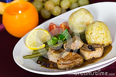 Fillet with Dumplings, green Beans Stock Photo