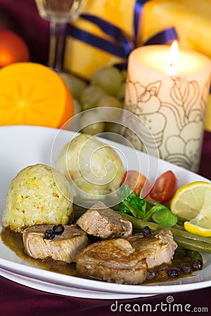 Fillet with Dumplings, green Beans Stock Photo