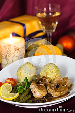 Fillet with Dumplings, green Beans Stock Photo