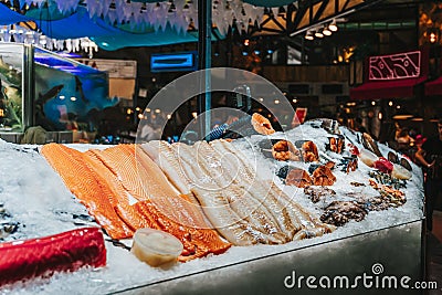 Fillet of fresh fish on ice. Farmers seafood market, supermarket. Sale of seafood, fish steaks Stock Photo
